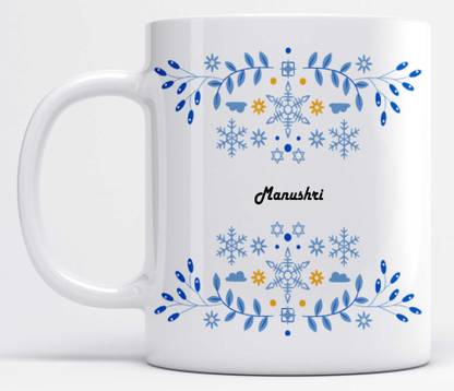 LOROFY Name Manushri Printed Beautiful Blue Floral Design White Ceramic Coffee Mug