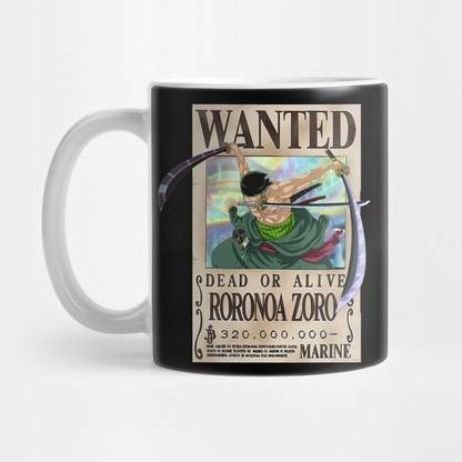 craft maniacs ONE PIECE ZORO WANTED BOY PRINTED 330 ML WHITE MUG FOR ONE PIECE LOVERS Porcelain Coffee Mug