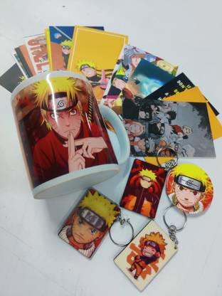 craft maniacs NARUTO COMBO HAMPER 330 M WHILTE MUG , 16 LOMO CARDS , 1 BADGE & 3 KEYCHAINS Ceramic Coffee Mug