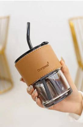 Avastro Coffee Cup Glass Cups with Lids and Straws Leak-proof Kawaii Cup Leather Cup Glass Coffee Mug