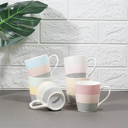 Femora Multicolor Lines Fine Bone China Tea Cups, Coffees 160 ml - 6 Pcs Set Bone China Coffee Mug