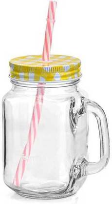 MMPRINTS Mason Jar With Straw (Set Of 1pcs, Random Colour) Glass Mason Jar