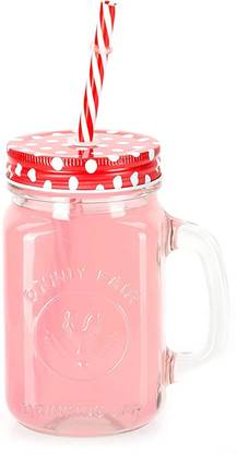 NIYA TRENDZ Mason Jar With Handle Lid And Straw random color (500 ml) (set of 1) Glass Mason Jar