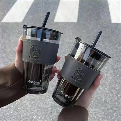 GOOD TO GREAT CREATION Coffee Drinking Glasses with Lids and Glass Straw set of 2(400 ml) Glass Tumbler