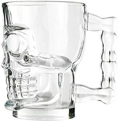 KitchCrux 540ml Heavy Base Skull Face Glass Beer with Broad Handle - Set of 2 Glass Beer Mug