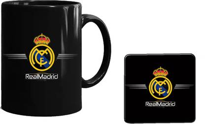 CHARMING Real Madrid CC1 Printed Black Coffee with Tea Coaster,Combo Pack Ceramic Coffee Mug