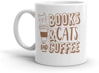 craft maniacs BOOKS CATS COFFEE 330 ML WHITE MUG FOR CATS & KITTY LOVERS Ceramic Coffee Mug