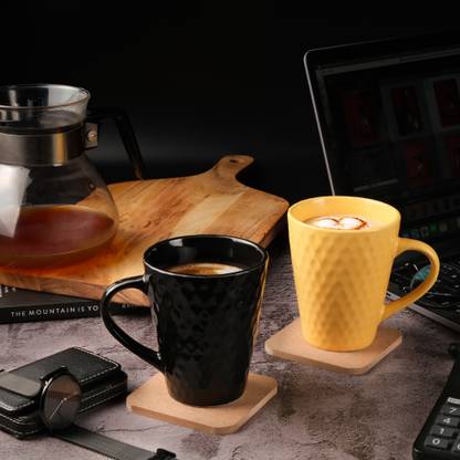 pexpo Potterman Diamond Microwave Safe Black and Yellow Milk,Tea cup for Gifting Ceramic Coffee Mug