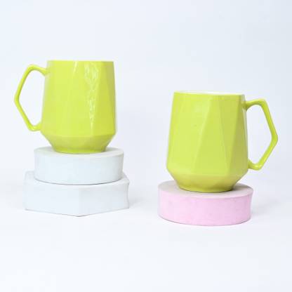 U.P.C. Embossed Milk/ Big Size Cup (300 Ml Capacity) Brick Pattern Light, Translucent Tableware/ Kitchenware/ Homeware Set Of 2 Cups, Yellow Color Bone China Coffee Mug