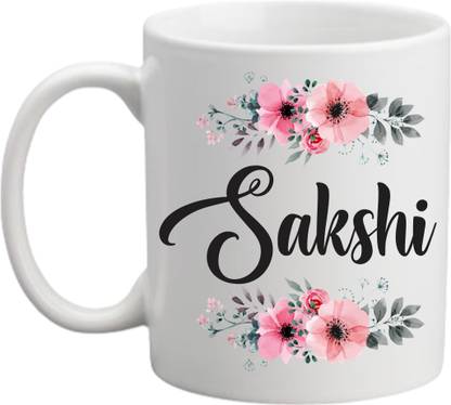 printyug Sakshi (Name Printed,Floral Design) White Ceramic Coffee Mug