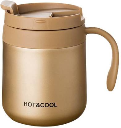 Leeonz 350ml Thermal Vacuum Insulated Cup with Handle and Lid for Cold & Hot (Gold) Stainless Steel Coffee Mug
