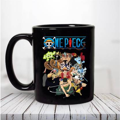 craft maniacs ONE PIECE LUFFY GROUP ANIME PRINTED 330 ML BLACK MUG FOR ANIME LOVERS Ceramic Coffee Mug