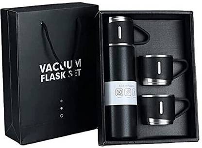 duas Vacuum Flask Set with 3 Steel Cups Combo for Coffee Hot Drink and Cold Water, SS Stainless Steel Coffee Mug