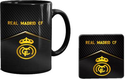 CHARMING Real Madrid Printed Black Coffee with Tea Coaster ,Combo Pack ) Ceramic Coffee Mug