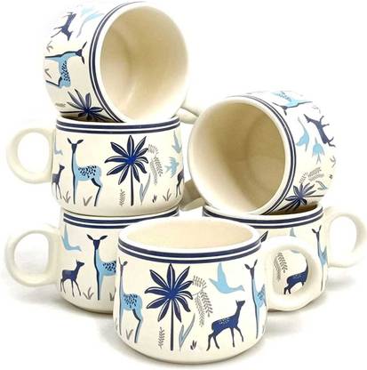 Your Local Store Deer Print Work Premuim Stoneware Hand Painted Stylish Tea/Coffee Cups Set of 6 Ceramic Coffee Mug