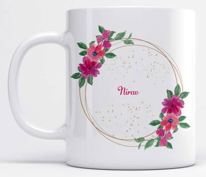 LOROFY Name Nirav Printed Pink & Green Floral Design White Ceramic Coffee Mug