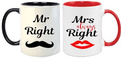 CHARMING Mr.Right & Mrs. Always Right Printed Couple Combo Color Coffee Ceramic Coffee Mug