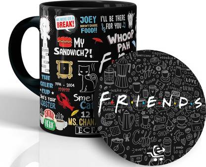 ECFAK Friends Doodle Art Black Coffee With Coaster Ceramic Coffee Mug