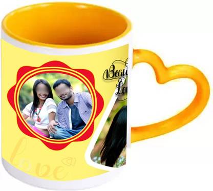 Lovers Point Inside Yellow Heart Handle Ceramic Coffee Mug