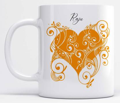 LOROFY Name Raju Printed Orange Heart Design Ceramic Coffee Mug