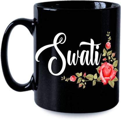 printyug Swati (Name Printed, Floral Design) Black Ceramic Coffee Mug