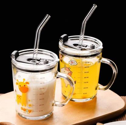 GOSK Enterprise Cartoon Print Kid's Milk with Lid (Random Design) Silicon Straw Coffee Glass Coffee Mug