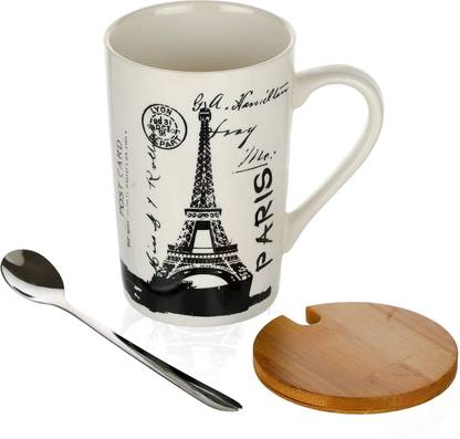 Satyam Kraft Ceramic City Printed with Lid and Spoon For Coffee And Tea - 1 Piece, Random design Cup, 400 ml Ceramic Coffee Mug