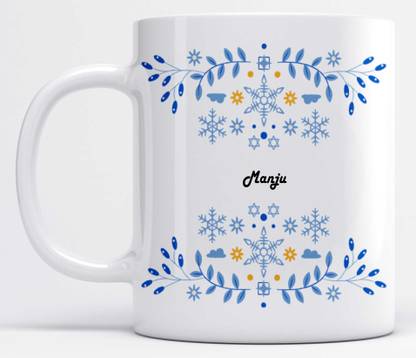 LOROFY Name Manju Printed Beautiful Blue Floral Design White Ceramic Coffee Mug