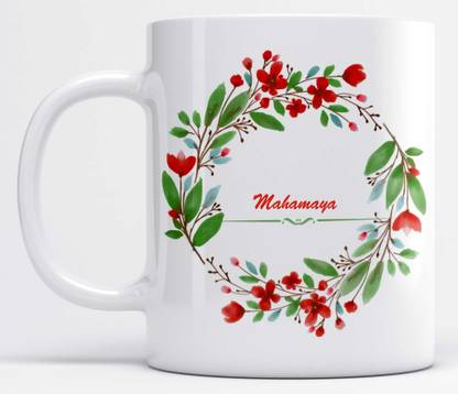 LOROFY Name Mahamaya Printed Red Floral Design White Ceramic Coffee Mug