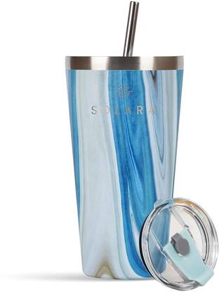 Solara Vacuum Insulated Straw and Lid for Hot and Cold, Blue Marble, Stainless Steel Tumbler