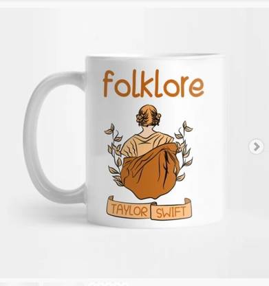 craft maniacs TAYLOR SWIFT YELLOW FOLKLORE WORD ART PRINTED 330 ML MUG FOR TAYLOR SWIFT LOVERS Ceramic Coffee Mug