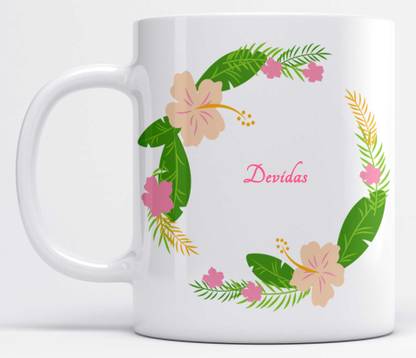 LOROFY Name Devidas Printed Floral Pink & Green Leaves Design Model S100A White Ceramic Coffee Mug