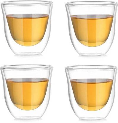 Baskety Double Wall Thermal Insulated Borosilicate Glass Cup, 70ml Set of 4 i16 Glass Coffee Mug