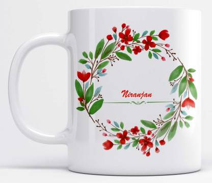 LOROFY Name Niranjan Printed Red Floral Design White Ceramic Coffee Mug