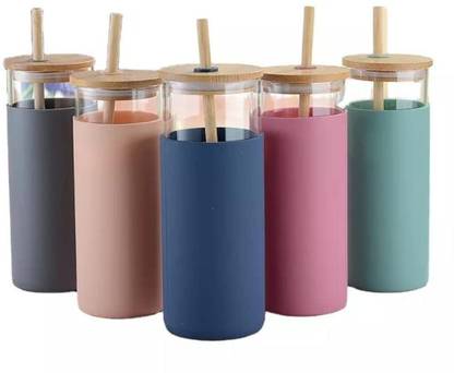 KRISHNAV Glass Tumbler with Wooden Straw and Lid, Travel for Adults Glass Tumbler Glass Tumbler