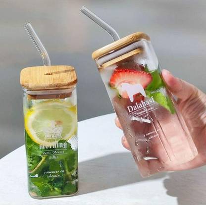 मायरा ट्रेंड्स Printed Square Coffee Glass Sipper with Airtight Wooden Lid and Glass Straw ग्लास मग