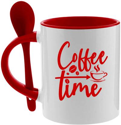 printsbea Printed Coffee Time Unique Quotes Text Inside Red With Spoon Coffee Ceramic Coffee Mug