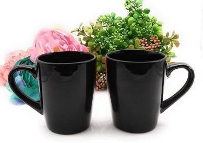 Plakasha creations Ceramic Glossy Black Colour Tea / Coffee {Set of 2} Ceramic Coffee ( Pack of 2) Ceramic Coffee Mug