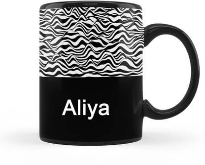 SHREENKRAFT Name Aliya " Zebra Line Black Background " Printed Black Ceramic Ceramic Coffee Mug