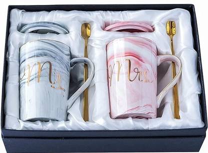 T R Creation Mr And Mrs long with lid and spoon 400 ml pack of 2 Ceramic Coffee Mug