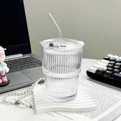 JIGSHTIAL Drinking Coffee Cup Sipper Glass with Straw and lid Glass Tumbler