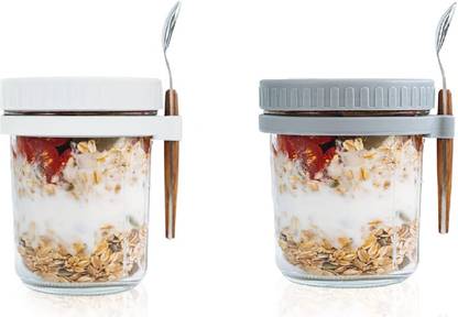 Ginoya Brothers Containers with Lids and Spoons 350 ml Glass Mason Jars (WHITE AND GREY) Glass Mason Jar