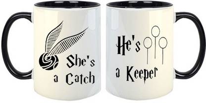 CHARMING She's A Catch & He's A Keeper Printed Three Tone Black Combo Ceramic Coffee Mug