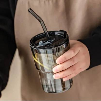KRIVAZ Sipper Bottle with Leather Sleeve Glass Coffee with Silicone Straw and Lid Glass Coffee Mug