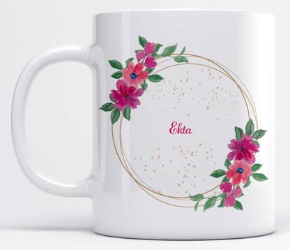 LOROFY Name Ekta Printed Pink & Green Floral Design White Ceramic Coffee Mug