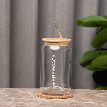 Brewsaga Glass Tumbler With Bamboo Lid And Glass Straw Coffee/Tea Hot&Cold 450 ML Glass Tumbler