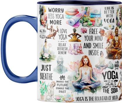 YuBingo Yoga Day Gift - Dark Blue Inner & Handle, Yoga Lover Ceramic Coffee Mug