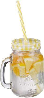 JYOTCREATION Mason jar With Lid and Straw Multicolours with Handle For coffee, milkshake Glass Mason Jar