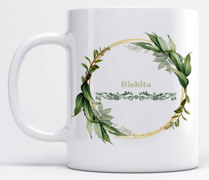 LOROFY Name Rishita Printed Green Floral Ring Ceramic Coffee Mug