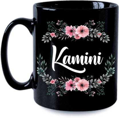 printyug Kamini (Name Printed, Floral Design) Black Ceramic Coffee Mug